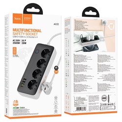 Сетевой фильтр-удлинитель Hoco AC22 (3м) (3*USB-A, 4 розетки, PD30W) 113784