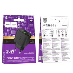 СЗУ Hoco CS84A 1 USB (QC3.0) + 1 Type-C (PD 30W) (быстрая зарядка) 113806