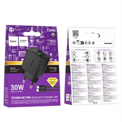 СЗУ Hoco CS84A 1 USB (QC3.0) + 1 Type-C (PD 30W) (быстрая зарядка) + Кабель Type C - Type C 113807